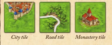 Tres losetas de Carcassonne —ciudad, camino y monasterio— con sus etiquetas en el reglamento.