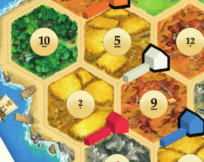 Close-up of the island during setup: a white settlement and red and blue roads on forest, field and mountain hexagons with their number discs.