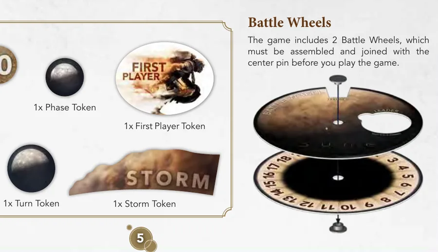 Componentes del juego: fichas de especia de 1, 2, 5 y 10, marcadores de turno, fase, tormenta y primera jugada, y las dos ruedas de batalla montadas.