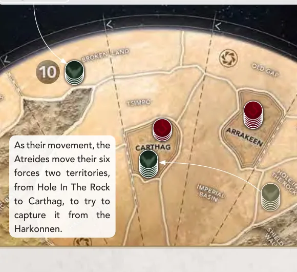 Ejemplo del reglamento: el Atreides envía cuatro fuerzas a Broken Land pagando cuatro de especia y mueve seis fuerzas dos territorios hasta Carthag.