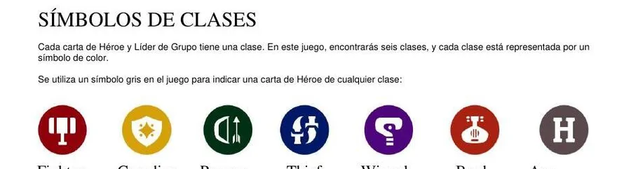 Row of class symbols from the rulebook: Fighter, Guardian, Ranger, Thief, Wizard, Bard and Any.