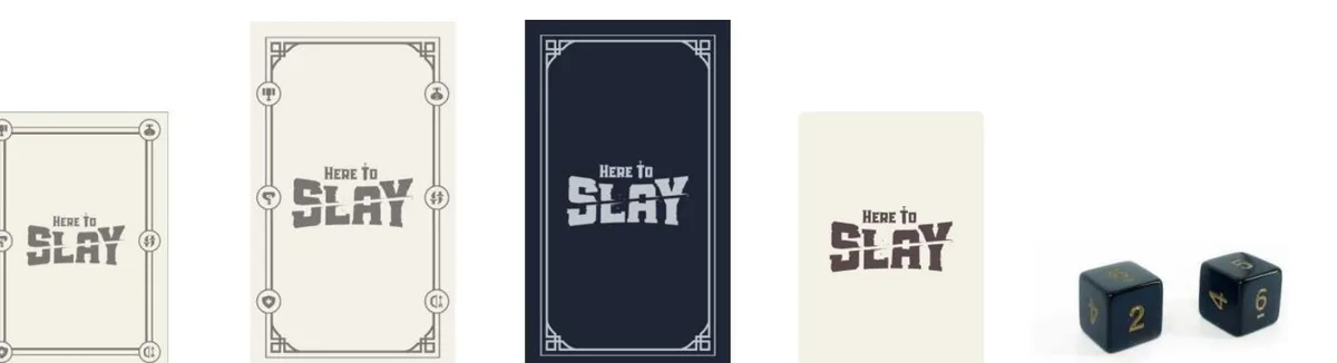 Component row from the rulebook: standard cards, party leader cards, the monster deck, rules references and two dice.