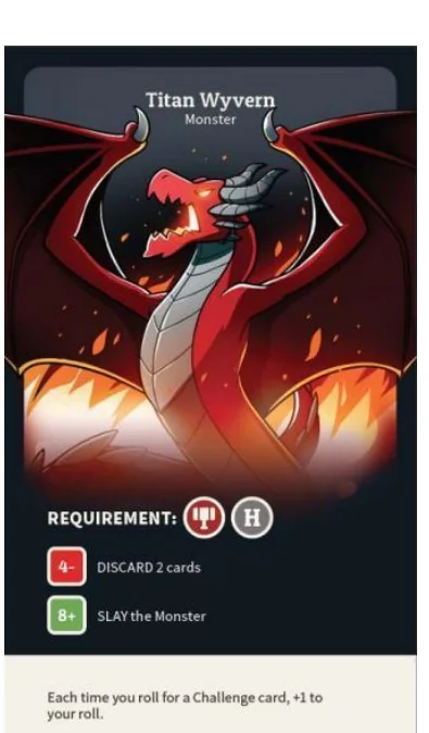 Titan Wyvern monster card with its party requirement, penalty range and reward ability.