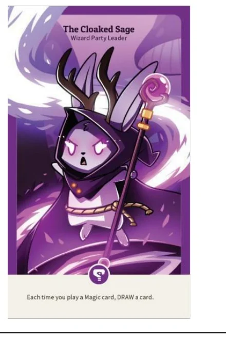 The Cloaked Sage party leader card with its class and permanent ability.