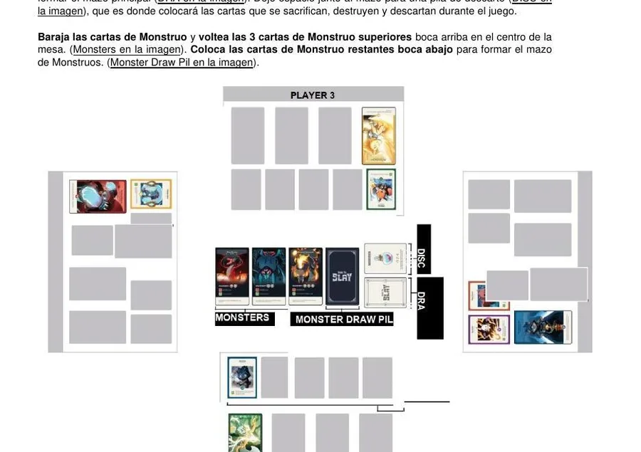Setup diagram from the rulebook showing each player's area, the central decks and three monster cards.