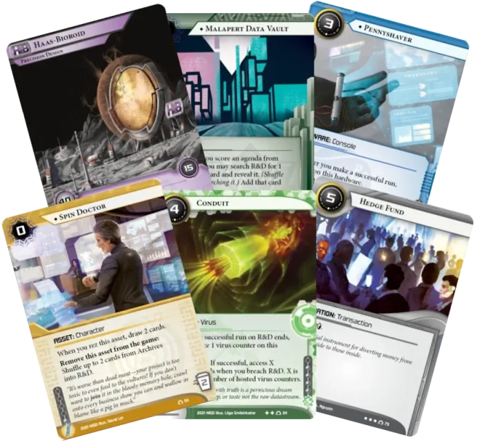 Abanico de cartas de System Gateway con hielo corporativo, una operación, un asset y un evento del runner.