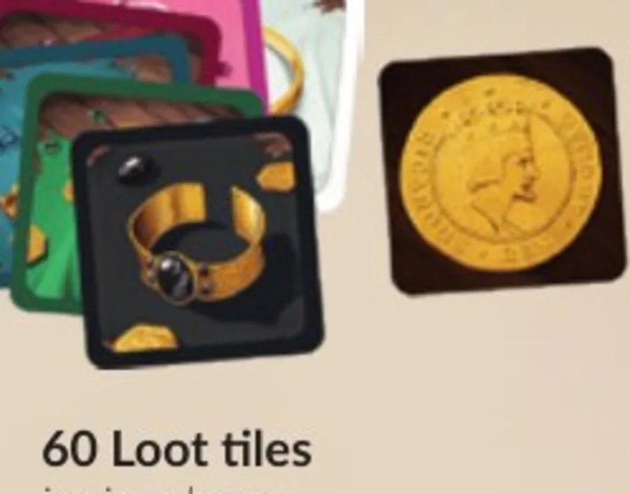 Stack of loot tiles in six colours next to a gold coin tile.