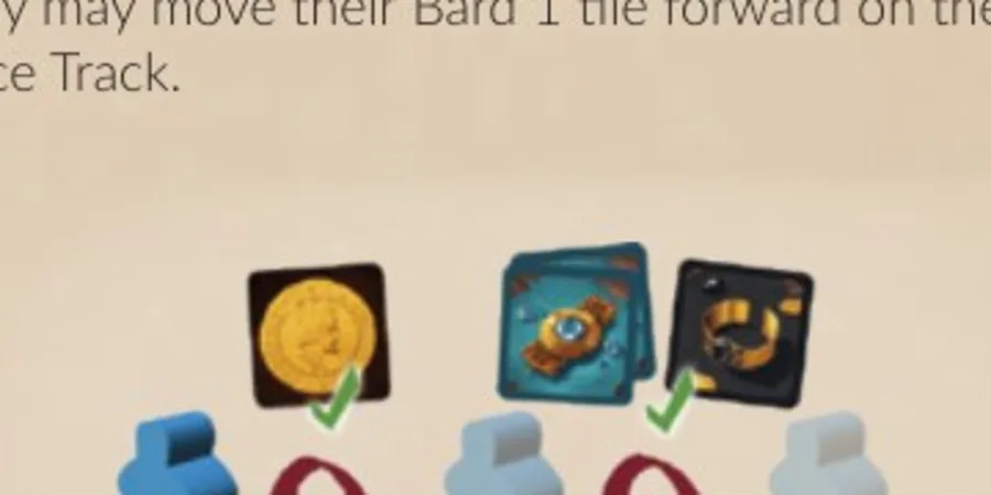 Fame tiles around the race track, with coins and Bard pieces used to advance.