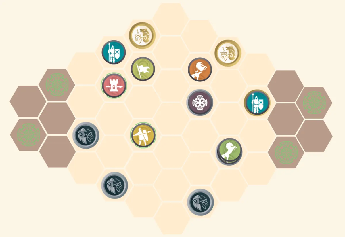 Screenshot of the two-player board: only the central area, with the starting bases marked and the darker outer tiles out of play.