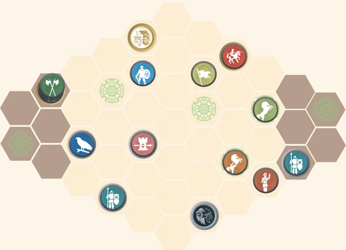 Screenshot of the four-player board: the central area plus both outer areas, with three starting bases per team.